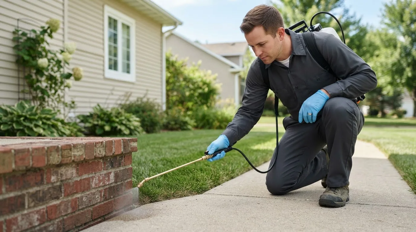 Pest control technician treating a home near Carlisle, MA