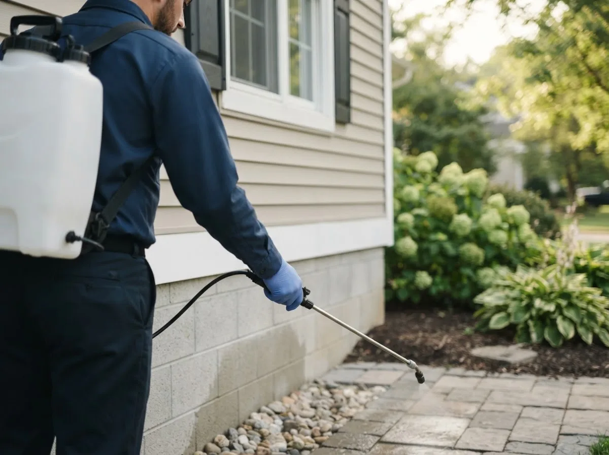 Pest control technician inspecting a home in Carlisle, MA
